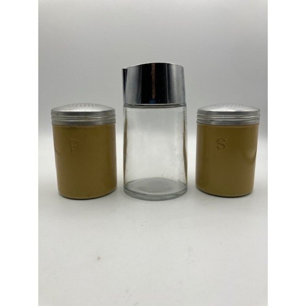 Vintage Aluminum Salt Pepper Shaker Set With Glass Sugar Dispenser Kitchen Decor